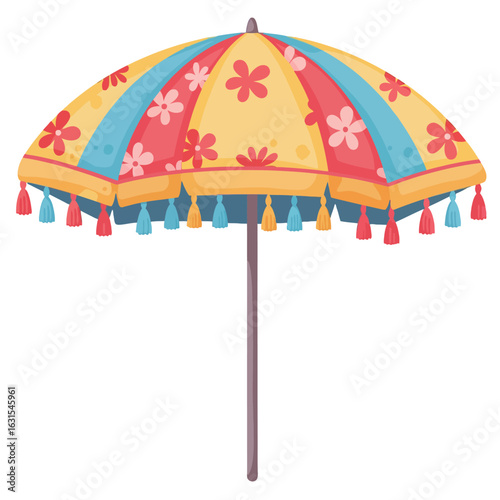 Charming beach umbrella with floral motifs and colorful tassels providing shade and whimsical style for summer days and outdoor relaxation