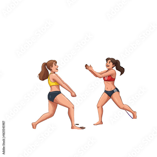 Two young women in sports attire playing beach volleyball with focused expressions and dynamic poses under bright lighting conditions for a spirited game.