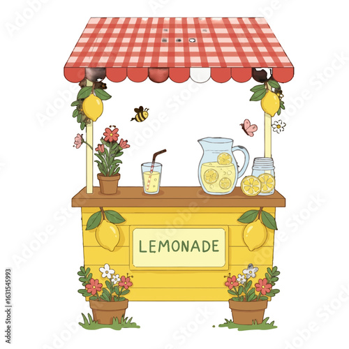 Charming lemonade stand illustration with fresh lemons, flowers, and a buzzing bee, perfect for summer themed designs and invitations