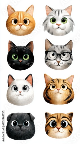Collection of cute cat faces featuring various breeds and expressions in a colorful and playful design