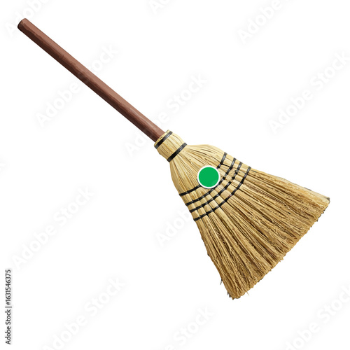 Traditional broom with a wooden handle and natural bristles, featuring green circle, resting against a clean white backdrop for cleaning.