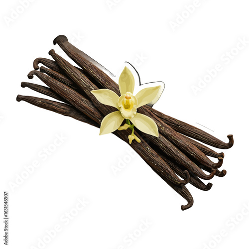 Aromatic vanilla beans and delicate vanilla flower create a visually appealing and flavorful composition for culinary and aromatic applications