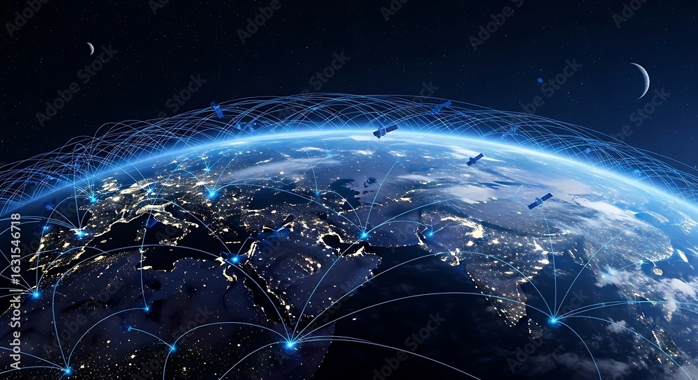 Obraz premium Global network connections represented over planet Earth with satellites and city lights showing modern communication infrastructure