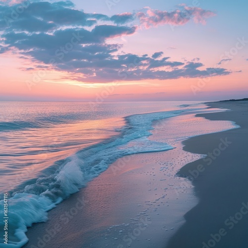 A serene beach with turquoise clear water gently lapping against the shore, under a soft pastel sky at sunrise.