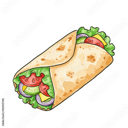 Delicious and colorful wrap illustration filled with fresh vegetables and a creamy sauce, beautifully presented in a detailed vector graphic style