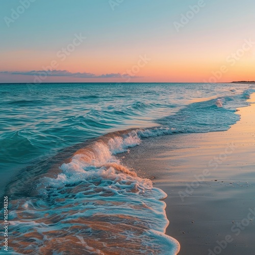 A serene beach with turquoise clear water gently lapping against the shore, under a soft pastel sky at sunrise.