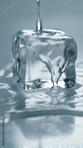 Extreme close-up macro video of a crystal-clear ice cube melting into perfectly sculpted pools and delicate streams on a highly reflective minimalist white surface, with creamy bokeh and soft,