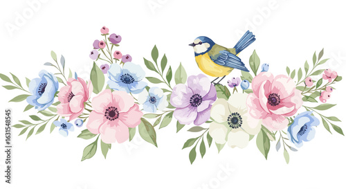 Watercolor floral arrangement with a blue tit bird perched among pastel flowers and foliage in a botanical illustration