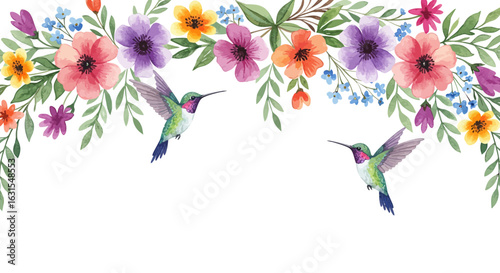 Watercolor floral border with hummingbirds, delicate flowers and green leaves, artistic nature illustration, elegant design