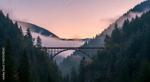 Majestic Bridge Spanning a Foggy Gorge at Dusk Surrounded by Evergreen Forests in the Pacific Northwest USA