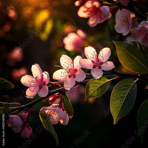 Delicate peach blossoms bloom on a dark background with green leaves