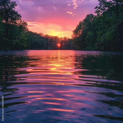 A serene lakeside at sunset, with soft ripples on the water reflecting vibrant hues of pink, orange, and purple, surrounded by lush trees.