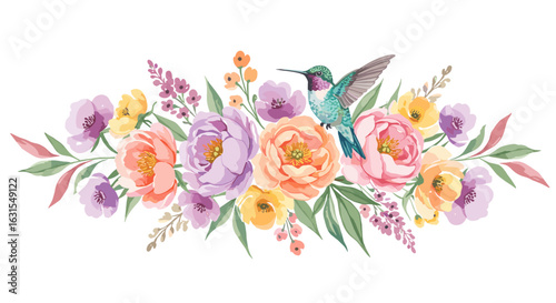 Watercolor floral arrangement with hummingbird and pastel flowers in a delicate bouquet design for spring and summer