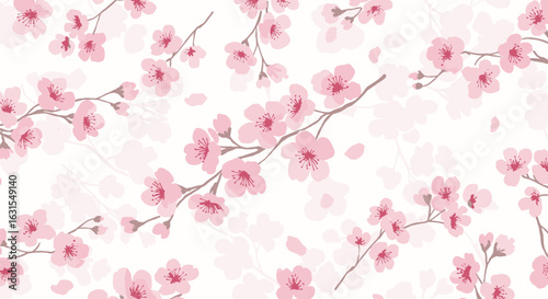 Seamless pattern of pink cherry blossom branches on a white background creating a delicate and floral design with a soft and elegant aesthetic appeal