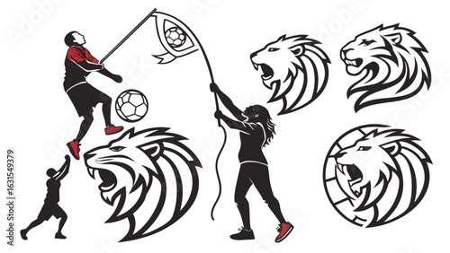 3d icon of soccer fans with lion heads and flags isolated on white background