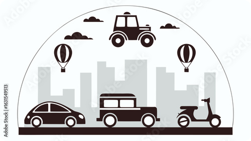 3d icon of city transport with cars, scooter, and balloons
