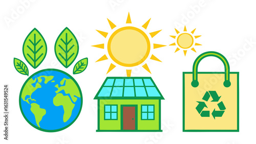 3d icon of ecofriendly icons earth, solar house, and shopping bag isolated on white background