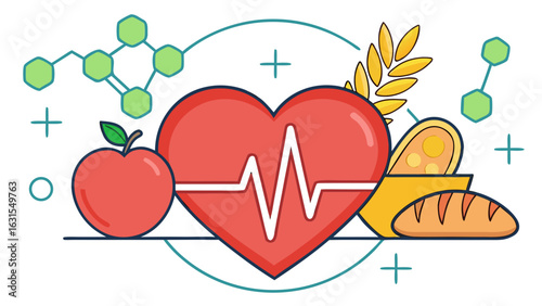 3d icon of healthy heart with nutritious food and science elements