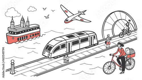3d icon of various modes of transport on white background