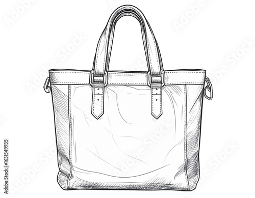 Hand-Drawn Sketch of a Stylish Tote Bag, Side View, Isolated on Transparent Background