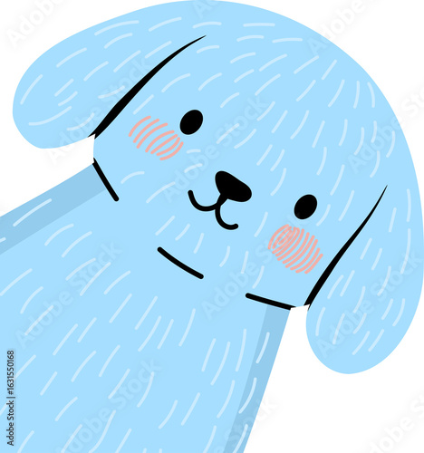 Blue lap dog with pink blush cheeks and a small smile peeking from the side. Cute pet for kid design.