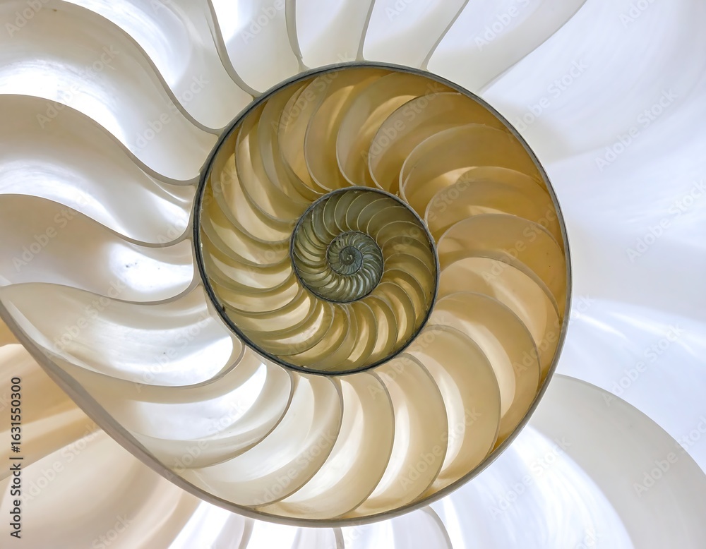 Obraz premium Close-up of a nautilus shell, showcasing its intricate spiral chambers and pearlescent texture
