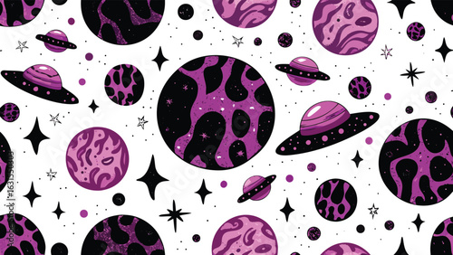 Illustration of a space themed pattern with planets stars and ufos in purple and black on a white background