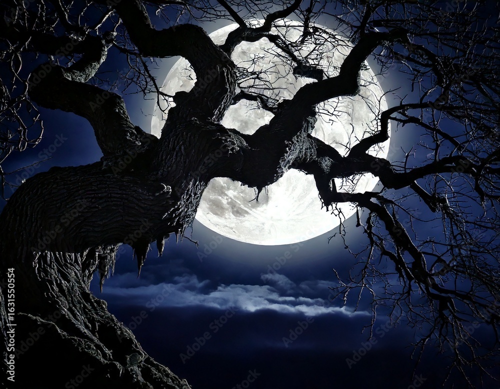 Fototapeta premium Eerie silhouette of a gnarled tree against a luminous full moon