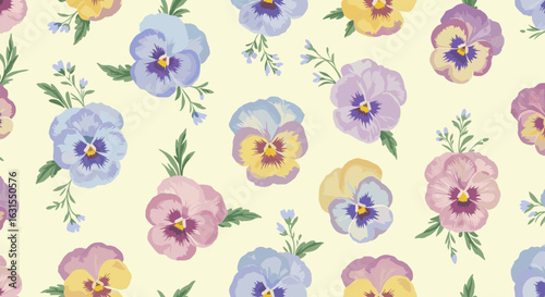 Seamless pattern showcasing colorful pansies with detailed petals and leaves on a soft yellow background, floral design