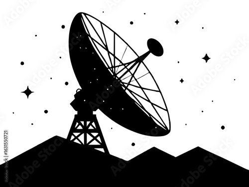 Satellite dish on mountains with stars in space silhouette vector illustration