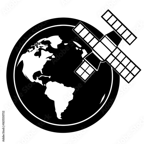 Earth globe satellite communication system silhouette vector illustration