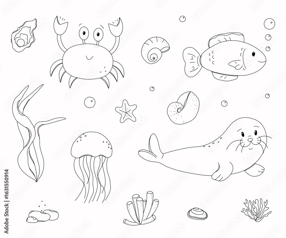 Fototapeta premium Cute black and white line art illustrations of sea animals and underwater elements. Perfect for kids coloring books, educational materials, and creative projects.