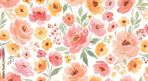 Watercolor floral pattern with peach, pink, and yellow flowers and green leaves on a white background creates a serene design