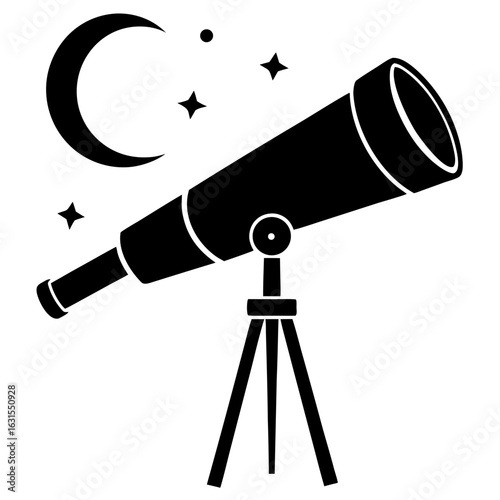 Telescope observing moon stars night sky silhouette vector illustration