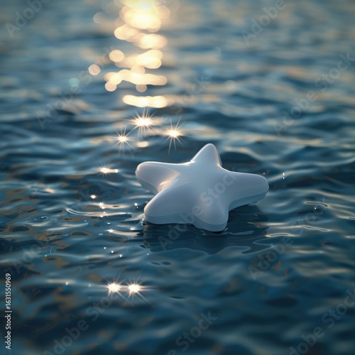 A serene moment with a star-shaped pool float resting on calm water, with soft ripples and sunlight glistening on the surface.