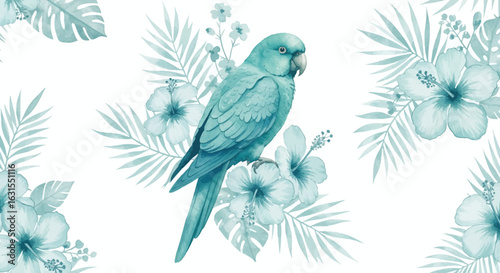 Watercolor illustration of a light blue parrot perched among tropical hibiscus flowers and palm leaves on white background