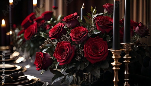 Elegant gothic wedding table setting with deep red roses and black candles 