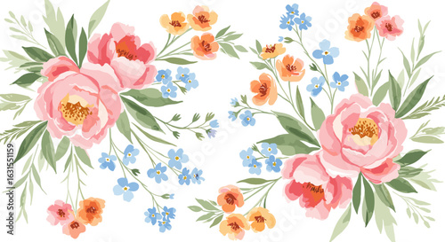 Watercolor floral arrangement featuring pink peonies, orange blossoms, and forget-me-nots in a botanical illustration