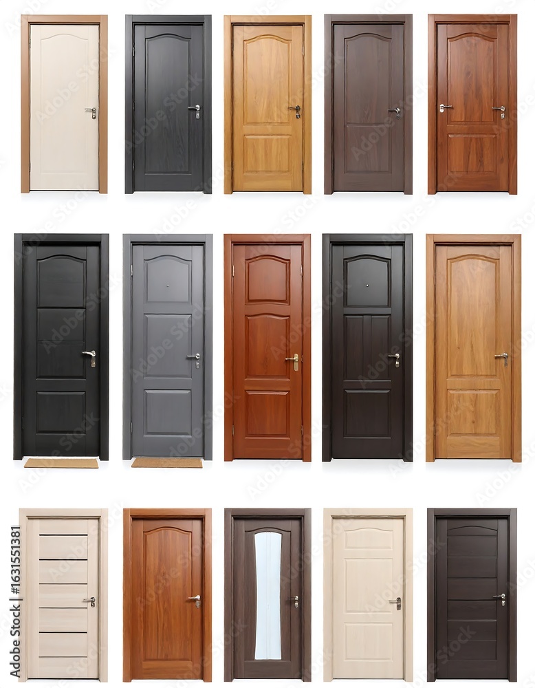 Fototapeta premium Fifteen interior doors, various styles and colors, shown against a white background
