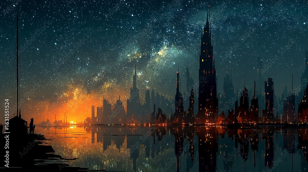 Fototapeta premium A futuristic city skyline illuminated in warm orange and red light reflecting on calm water under a starry night sky with numerous constellations