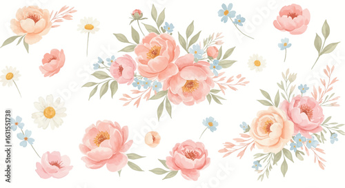 Watercolor floral elements featuring peonies, daisies, and forget-me-nots in soft pastel colors for design projects