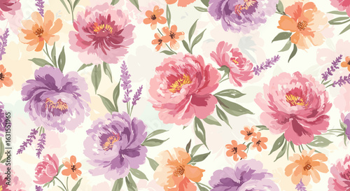 Seamless floral pattern with watercolor peonies, lavender and small flowers on a light background, elegant design for textile and decoration, romantic style
