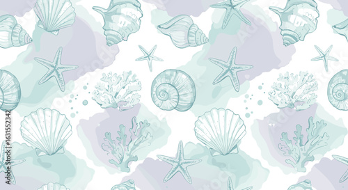 Seashells starfish coral reef pattern with watercolor texture in light blue and purple tones, marine life design