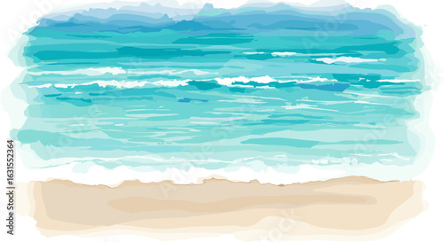 Serene beach scene with turquoise water and gentle waves washing onto the tan sandy shore illustration