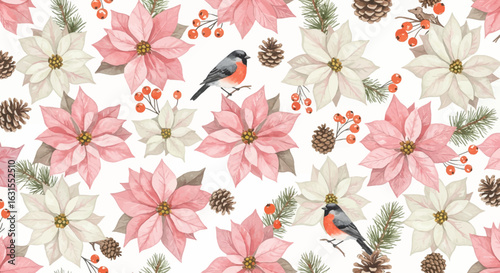 Watercolor poinsettias, pine cones, and berries create a festive winter pattern with charming bullfinches perched among the foliage