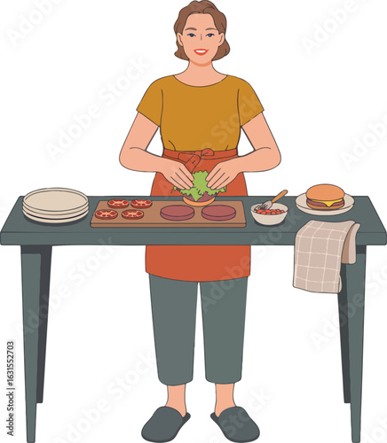 Smiling Woman Assembling Burger at Table with Fresh Ingredients Flat Vector Illustration Isolated on Transparent Background