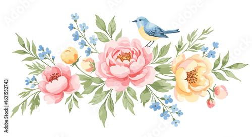 Watercolor illustration featuring pastel peonies, forget-me-nots, and a bluebird creates a serene floral arrangement with soft colors