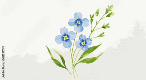 Watercolor forget-me-nots bouquet with delicate blue petals and fresh green leaves in a floral arrangement, perfect for spring