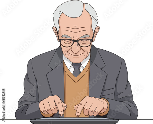 This wise elderly male, a senior grandfather, this pensioner and human person in professional attire, finds happiness in retirement. 