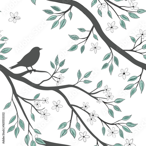 Modern Seamless Tree Branch Pattern with Delicate Watercolor Leaves – Line Art Botanical Design